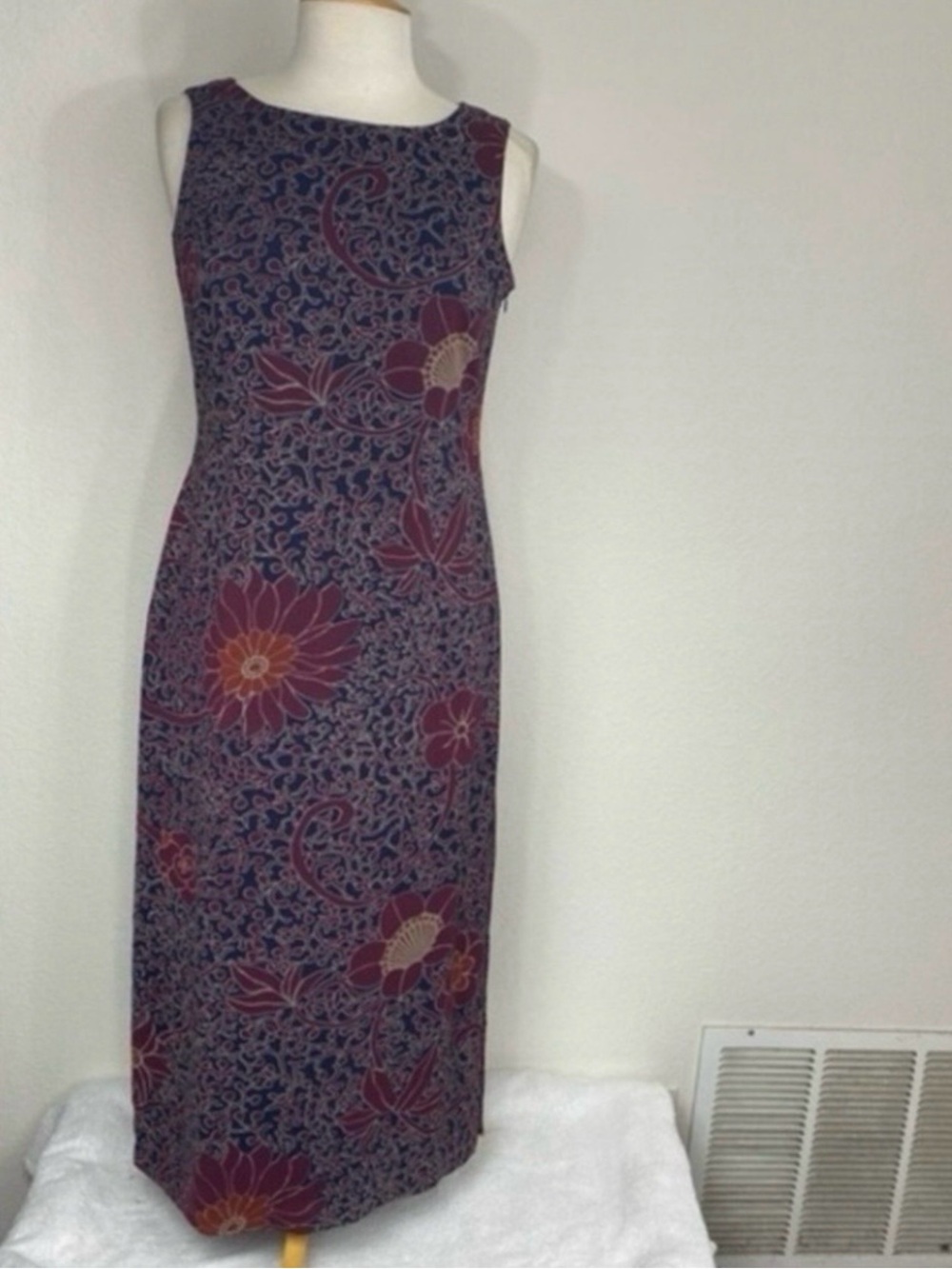 Vintage Petite Sophisticate Womens Navy Maroon Floral Sleeveless Maxi Dress 6P